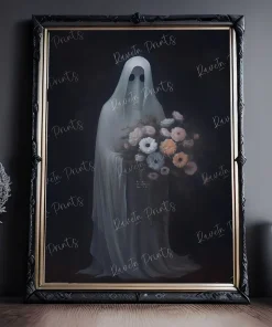 RaveIn Prints – Ghost Holding Flowers, Gothic Home Decor, Dark and Moody Wall Art, Captivating Art
